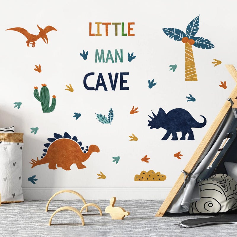Mfault Boys Dinosaur Footprints Little Man Cave Wall Decals Stickers  Peel Stick Dino Paw Print Nursery Decorations Baby Bedroom Playroom Art  Watercolor Blue Coconut Trees Cactus Kids Room Decor Gift - Image 1
